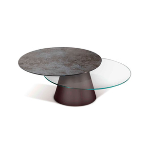 <span class=keywords><strong>Table</strong></span> basse moderne pivotante extensible en céramique et verre avec plateaux ronds pour salon contemporain - Product Image 2