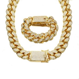 18MM goldene dicke Halskette Armband mit kubanischer Kette voller diamant besetzter europäischer und amerikanischer Hip-Hop-Messing SSCN--087 - Product Image 1