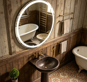 Round LED Bathroom <b>Mirror</b> With <b>Silver</b> Metal <b>Frame</b> Wall Mounted Rustic Style Adjustable Light Source Bath <b>Mirror</b> - Product Image 1
