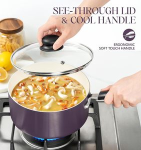 Ensemble de casseroles et poêles modernes avec couvercles en verre, poignées en bois doux au toucher, 6 pièces, céramique verte, antiadhésif - Product Image 3