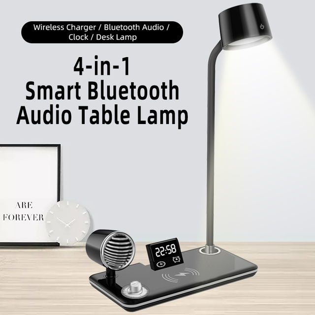 4-in-1 Smart Audio Modern Eye Caring Table Lamp Wireless Charger (15W) Speaker Clock 3-Color Dimmable Touch Control DC Reading