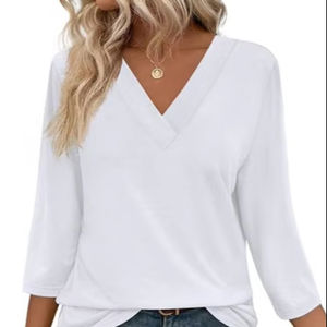 <span class=keywords><strong>Camiseta</strong></span> de punto de algodón transpirable con mangas de 7 puntos y cuello en V informal a la moda para <span class=keywords><strong>mujer</strong></span>, talla XL, patrón Simple para primavera - Product Image 1