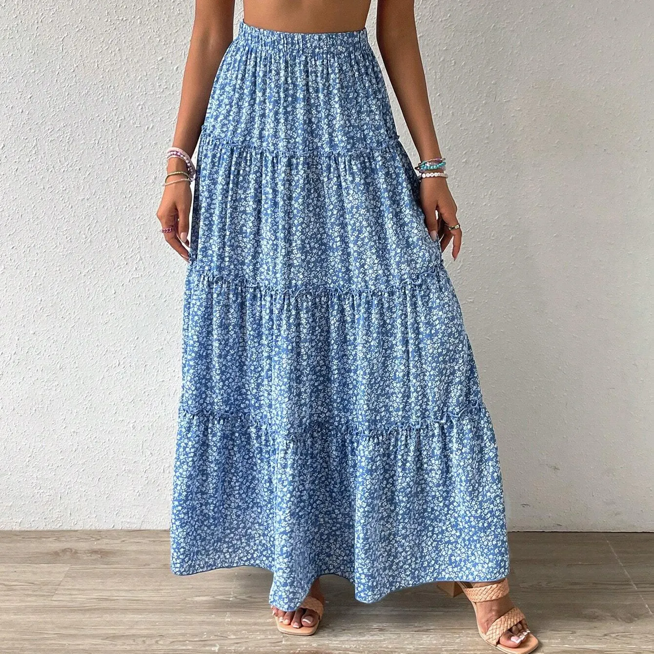 Loose Ruffle Long Midi Women Skirts For Women Floral Print Frill Trim Summer Beach Ruched Skirt