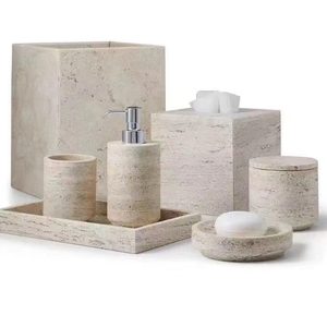 Wholesale Luxury Natural Travertine Stone Marble <strong>Ceramic</strong> Soap Dispenser Dish Bathroom Vanities <strong>Accessories</strong> Set - Product Image 1