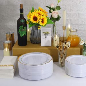102 Platos Desechables de Plástico Dorado Resistentes para Fiestas y Bodas, 10.25 Pulgadas para Cena, 7.5 Pulgadas para Postre/Aperitivo, Elegantes y Blancos - Product Image 3