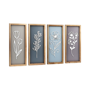 4 pezzi 3D decorazioni floreali in legno Boho incorniciato arte botanica della parete per la casa <span class=keywords><strong>cucina</strong></span> Vintage fattoria dipinti di paesaggio - Product Image 1