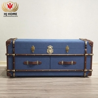 HJ HOME Mobilier de luxe pour la maison Coffre vintage bleu en toile cirée style steamer, coffre de voyage antique, table basse de rangement