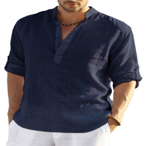 Camisa de Lino para Hombre Fitspi, Estilo Vintage, Manga Larga, Informal, Holgada, Cuello en V, Color Sólido, Tallas Grandes, Mezcla de Algodón - Product Image 2
