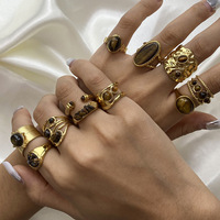 Cincin Trendy Baja Anti Karat Lapis Emas Hipoalergenik Batu Alam Mata Harimau Perhiasan Trendy Retro Boho Cincin Dapat Ditumpuk