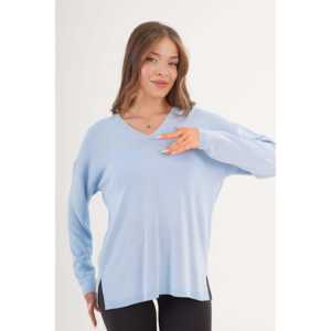 Suéter de Punto Azul Bebé al por Mayor, Estilo Vintage, Cuello en V, Abertura Lateral, Diseño Estampado Informal, Largo, para Mujer, Primavera e Invierno - Product Image 3