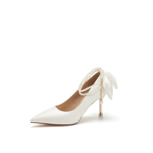 6683-1 Escarpins à bout pointu et talon aiguille avec bride cheville et nœud décoratif, chaussures de mariée à talon haut, doublure satinée, blanc - Product Image 5