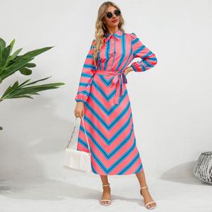 Abito <span class=keywords><strong>Camicia</strong></span> a Righe Colorate di Alta Qualità, Manica Lunga, <span class=keywords><strong>Colletto</strong></span> Rovesciato, Vestito Lungo Casual con Lacci - Product Image 6