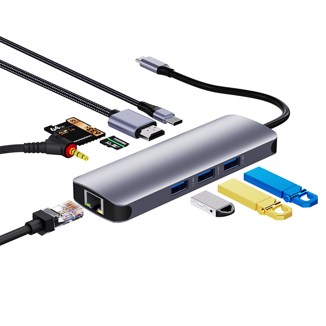 9 in 1 USB Hub Type C to 1000Mbps Ethernet 4K HDTV SD TF USB3.0 3.5mm Audio PD 100W Charging Ports Hub Adapter