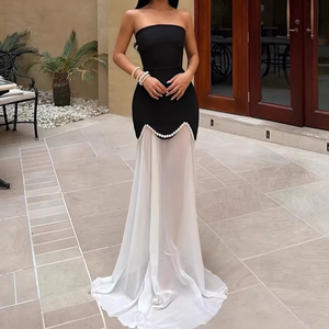 Completo <span class=keywords><strong>Abito</strong></span> da Sera <span class=keywords><strong>Lungo</strong></span> a Sirena con Top a Tubino e Gonna in Rete, Elegante, <span class=keywords><strong>Senza</strong></span> <span class=keywords><strong>Spalline</strong></span>, con Perline, Collezione Estiva 2026 - Product Image 1