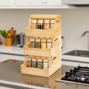 Wooden Three Tier Kitchen Storage Rack Stackable <b>Standing</b> Type For Spices And Seasonings - Product Image 1