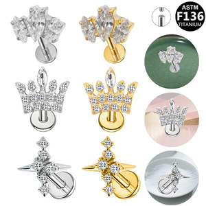 Boucles d'oreilles clous en titane F136, forme couronne, serties de cristaux, pour femmes, bijoux de mode, accessoire de piercing - Product Image 1