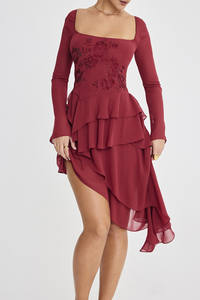 2024 Long Sleeve Lady Elegant Corset High Slit Chiffon Gown Mini Prom Rhinestone Ruby Crystallised <strong>Hanky</strong> <strong>Hem</strong> Evening <strong>Dress</strong> Women - Product Image 2