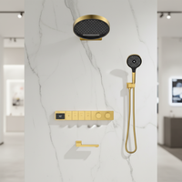 Système de douche mural thermostatique moderne en laiton doré brossé, à commande unique, avec pommeau de douche carré à jet doux effet pluie