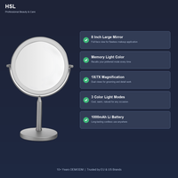 Miroir de table LED rond de 8 pouces avec grossissement 1X/7X, variateur tactile, lumière à mémoire 3 couleurs, rechargeable Type-C 1000 mAh