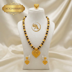 Luxury Black Brass Beaded Heart Pendant Jewelry Set GALAM Plated <b>Necklace</b> Earrings <b>Ring</b> Women African Bridal Wedding Jewelry - Product Image 1