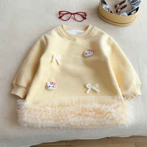 Girls Fleece Lined Sweatshirt <b>Dress</b> Long Sleeve Princess Style With <b>Ruffles</b> And Kitty Applique Autumn Winter Wear - Product Image 3