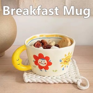 Mug en céramique adorable, peint à la main avec une poignée en forme de lune, tasse créative pour le petit-déjeuner, vaisselle de cuisine, tasses à lait, thé, café, pour un cadeau d'anniversaire - Product Image 3