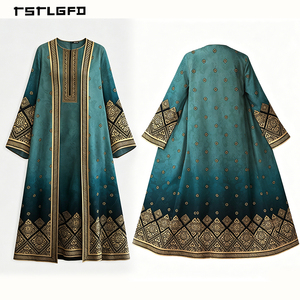 Vestido Maxi Étnico Azul Turquesa para Mujer, con Estampado Dorado, Mangas Acampanadas, Cuello Redondo, Diseño Geométrico Floral, Estilo Árabe Musulmán Modesto - Product Image 4