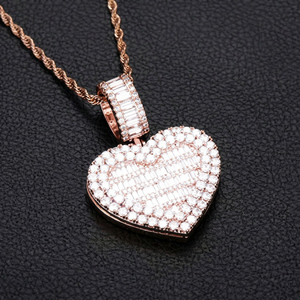 Rose <b>Gold</b> 10K <b>Solid</b> <b>Gold</b> Heart <b>Pendant</b> with Diamond Baguette Cut Round Cut Channel Setting Hip Hop Luxury Charm for Women - Product Image 1