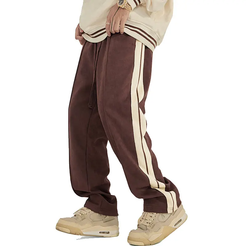 Benutzer definierte Stickerei Herren Hose Weiß Seitenst reifen Lässig Gerade Wildleder Sweat Pant