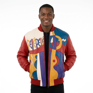 Chaqueta Bomber de Cuero PU para Hombre, Diseño Color Block con Cierre Frontal y Parches, Ropa Casual de Calle, Prenda Exterior para Invierno - Product Image 1
