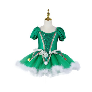Vestito Tutu da Balletto per Bambine a Tema Albero di Natale, con Paillettes Verdi e Maniche a Sbuffo, Costume per Spettacoli Teatrali - Product Image 1