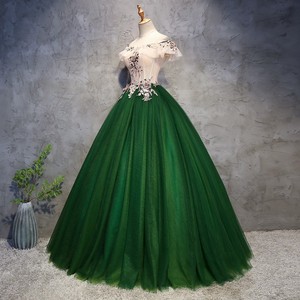 Evening Gown Green Off-Shoulder Floral Print Empire Waist Puffy Skirt Women's Dress For Wedding Party Coming Of Age Ceremony - Product Image 3