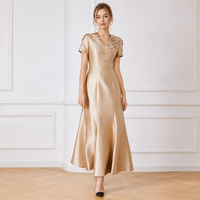 Robe de soirée sirène en satin champagne à col en V, avec appliques florales 3D, corsage à manches courtes, longueur ras du sol, sur mesure, vente en gros