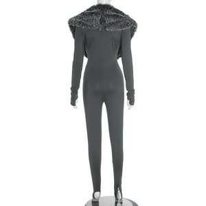 Sexy jumpsuit met harige kraag, vingerbedjes, winter, V-hals, lange mouwen, skinny, feestoverall, romper - Product Image 3
