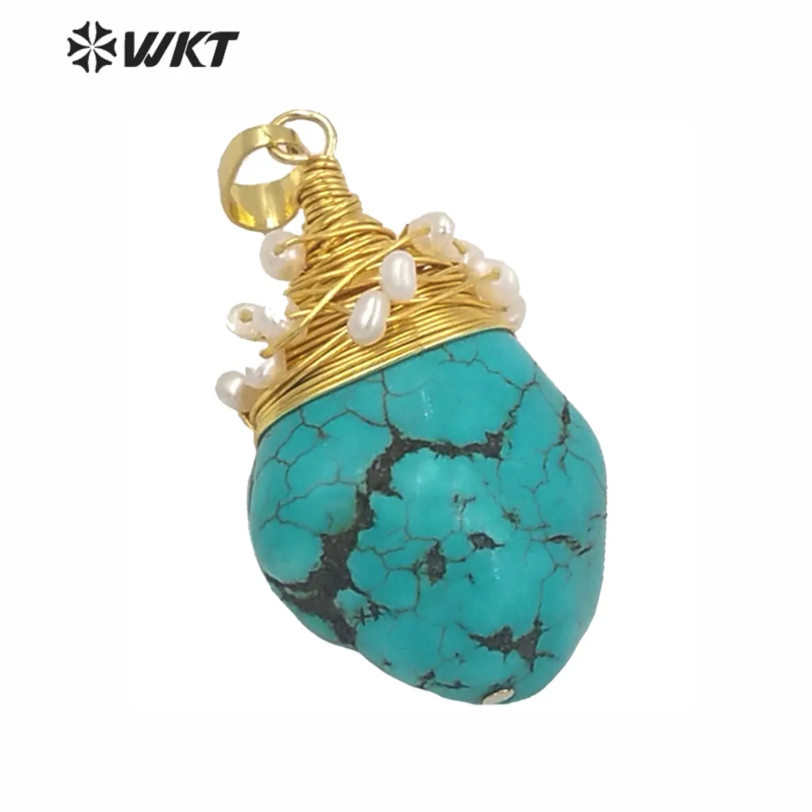 WT-P1444 Natural Stone Necklaces Pendant With Copper Wire Charm White beads embellishment Green pendant Turquoise Pendant