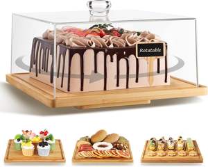 Acrylique Rotatif Carré Gâteau Stand Dôme Bambou <span class=keywords><strong>Fromage</strong></span> Tarte Cupcake Présentoir Spinner <span class=keywords><strong>Plateau</strong></span> De Service Couvercle pour Anniversaire Mariage - Product Image 3