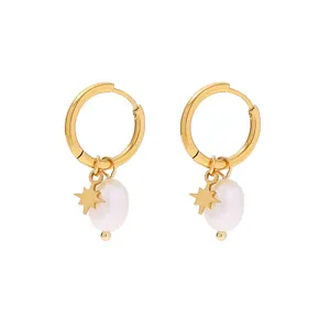 18k Gold Plated Stainless Steel Freshwater Pearl Star Charm Dainty Pendant Hoop Earrings For Women