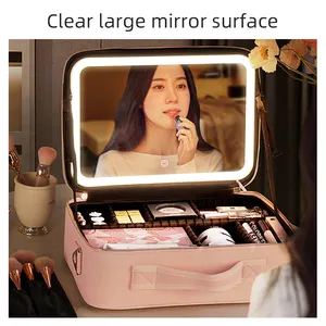 New Large Capacity Desktop Cosmetic Storage Box Waterproof Leather Travel Portable Makeup Bag Case With LED Light Mirror