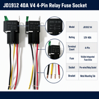 Relais de voiture JD1912 12V 40A 4 broches avec fusible intégré, LED verte, faisceau de câblage V4, support métallique SPST pour voiture, camion, klaxon, ventilateur, phare, camping-car