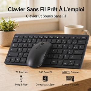 Ensemble clavier et souris sans fil, clavier français 78 touches, 2.4G sans fil, disposition AZERTY française native pour PC portable, bureau, OEM ODM - Product Image 1