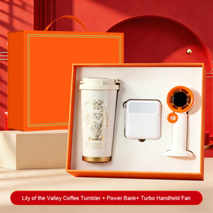 Ensemble cadeau d'affaires 3 en 1 pratique : gobelet à café Lily of the Valley + batterie externe + ventilateur portable turbo pour la promotion d'entreprise - Product Image 1