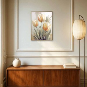 Dipinto su Tela <span class=keywords><strong>di</strong></span> <span class=keywords><strong>Tulipani</strong></span> in Morbido Beige Crema, Stile Vintage a Olio, Arte Floreale da Parete per Casa Minimalista - Product Image 1