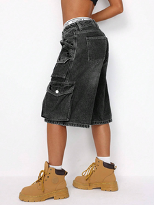 Custom Women <strong>Ladies</strong> Streetwear Trousers Denim <strong>Jeans</strong> Baggy Mid Length <strong>Pants</strong> Casual Everyday Denim <strong>Shorts</strong> With Pocket Design - Product Image 4