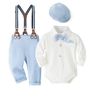 Catpapa Vente en gros Ensemble 4 pièces pour bébé <span class=keywords><strong>garçon</strong></span> 0-18 mois : Body, pantalon à bretelles, nœud papillon, <span class=keywords><strong>béret</strong></span> – Tenue de gentleman formelle - Product Image 1