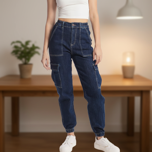 Jeans in denim da <span class=keywords><strong>donna</strong></span> 2026 personalizzati di alta qualità, stile vintage, con vita elastica, lavaggio <span class=keywords><strong>blu</strong></span>, inserti a pannelli, modello <span class=keywords><strong>cargo</strong></span> a gamba dritta, ispirati ad America/Messico - Product Image 1