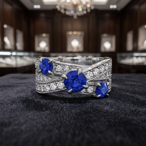 Anillo de Zafiro de Lujo para Mujer con Diamantes Redondos de Corte Brillante Engastados en Puntas, Anillo de Compromiso con Piedra Preciosa - Product Image 4