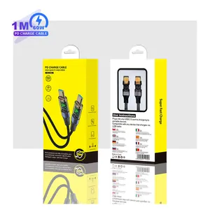 1m双色透明尼龙编织指示灯c型至c型PD超级充电电缆适用于iphone15小米华为