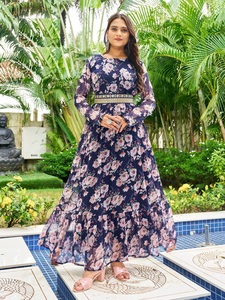 Robe longue et froufrous à imprimé georgette lourd avec manches longues et ceinture Kurtis à fleurs pour dames en provenance d'Inde - Product Image 3