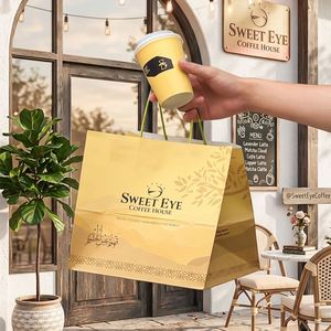 Custom Wholesale Eco-Friendly Recyclable <b>Coffee</b> <b>Takeaway</b> Tote Bag Kraft Paper Customized Printed Logo with Handle - Product Image 3