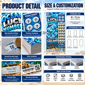 Cartes de loterie à gratter à gagnant instantané, personnalisées en gros, thème Océan, numéros porte-bonheur, impression variable, conception de jeu à plusieurs niveaux de prix - Product Image 5